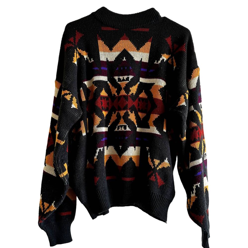 Vintage Bonjour Intl Aztec Sweater 80s Abstract Print Knit Crew Neck Black L